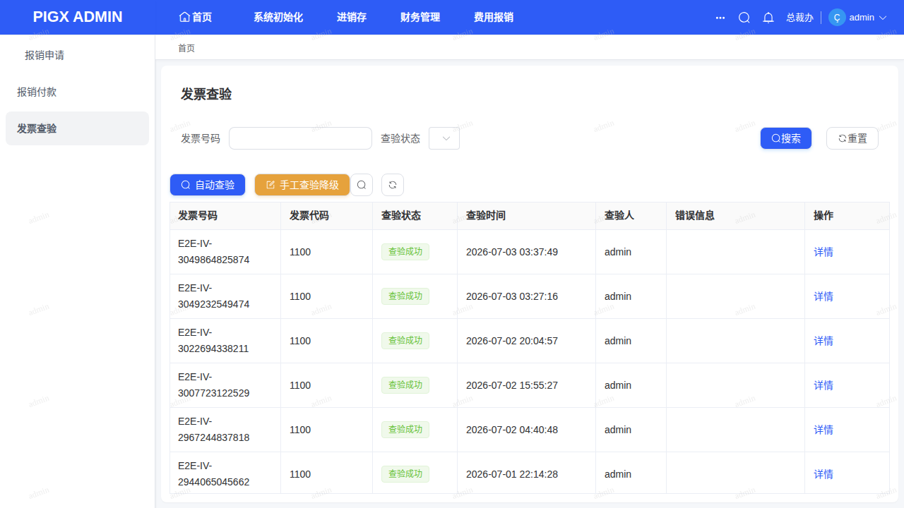 发票查验页:查验状态/时间/查验人,手工查验降级